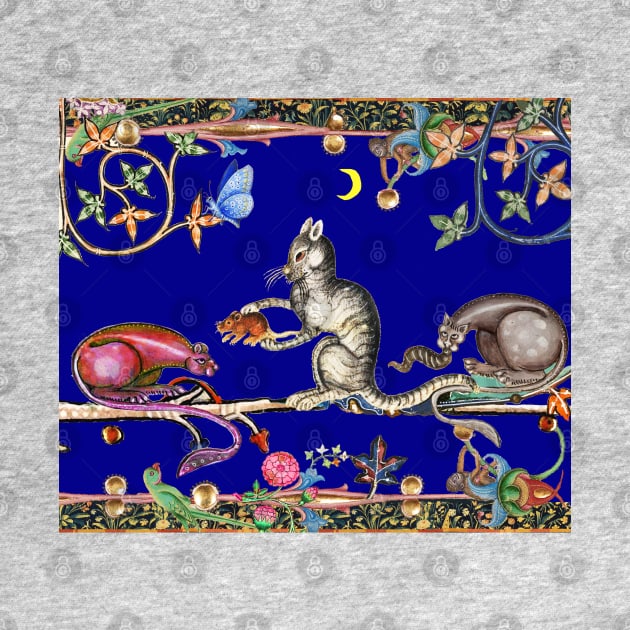 WEIRD MEDIEVAL BESTIARY THREE HUNTER CATS AND MOUSE IN BLUE NIGHT by BulganLumini